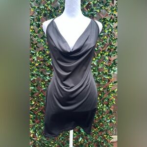 Black Backless Cowl Neck Mini Dress | Size Small | Side Slits | Lightweight